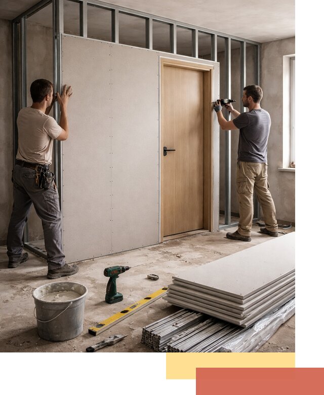 Перегородка из гипсокартона с дверью под ключ в Ейске