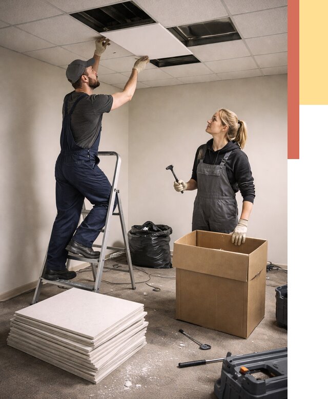 Демонтаж потолочной плитки в Ейске от 4638 руб. быстро и недорого | ОТДЕЛОЧНИК-Еск