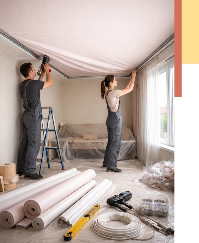 Монтаж цветного натяжного потолка в Ейске от 4329 руб/м² — быстро и недорого | ОТДЕЛОЧНИК-Еск