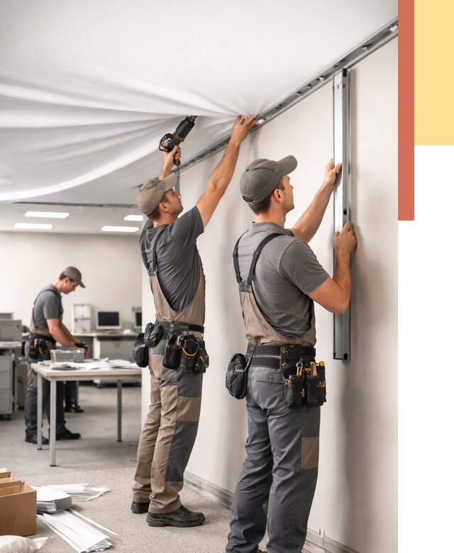 Монтаж натяжного потолка в офисе в Ейске от 464 руб/м² — быстро и недорого | ОТДЕЛОЧНИК-Еск